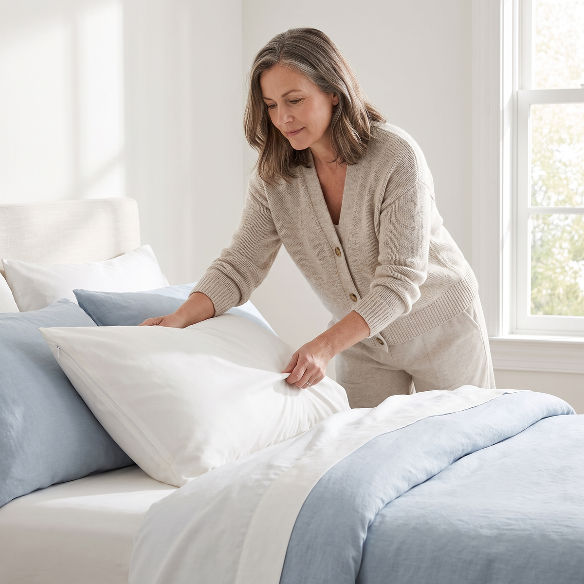 Woman making her bed with a Covelle pillow protector