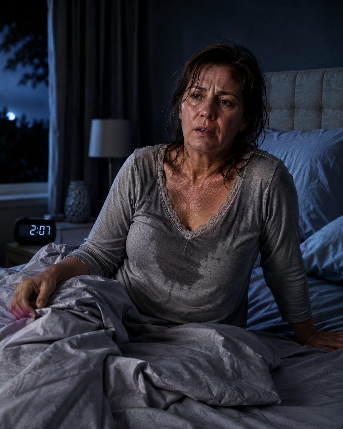 Woman awake at 2:07 AM with night sweats