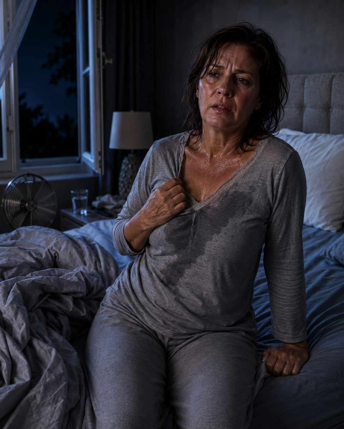 Woman sitting on bed edge after night sweats, fan running
