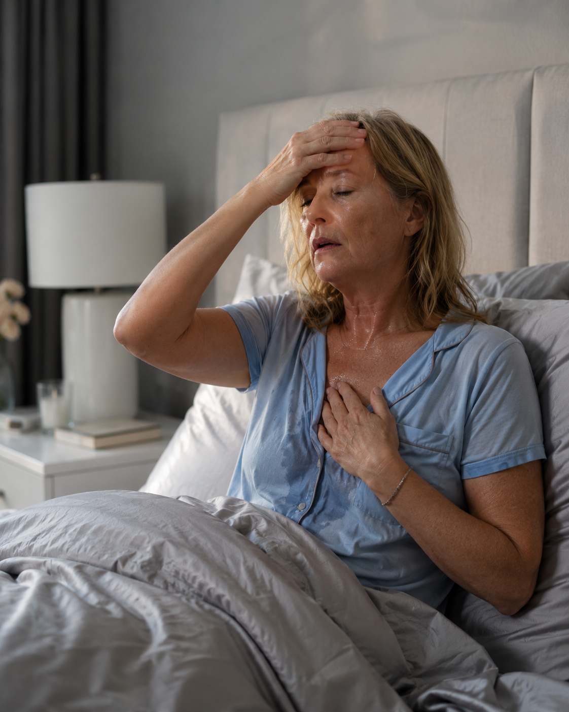 Woman with night sweats sitting up in bed