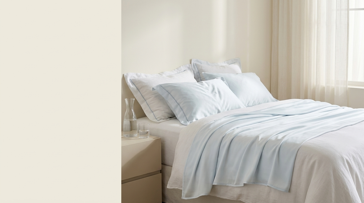 Serene bedroom with Covelle ice-silk cooling blanket in soft morning light