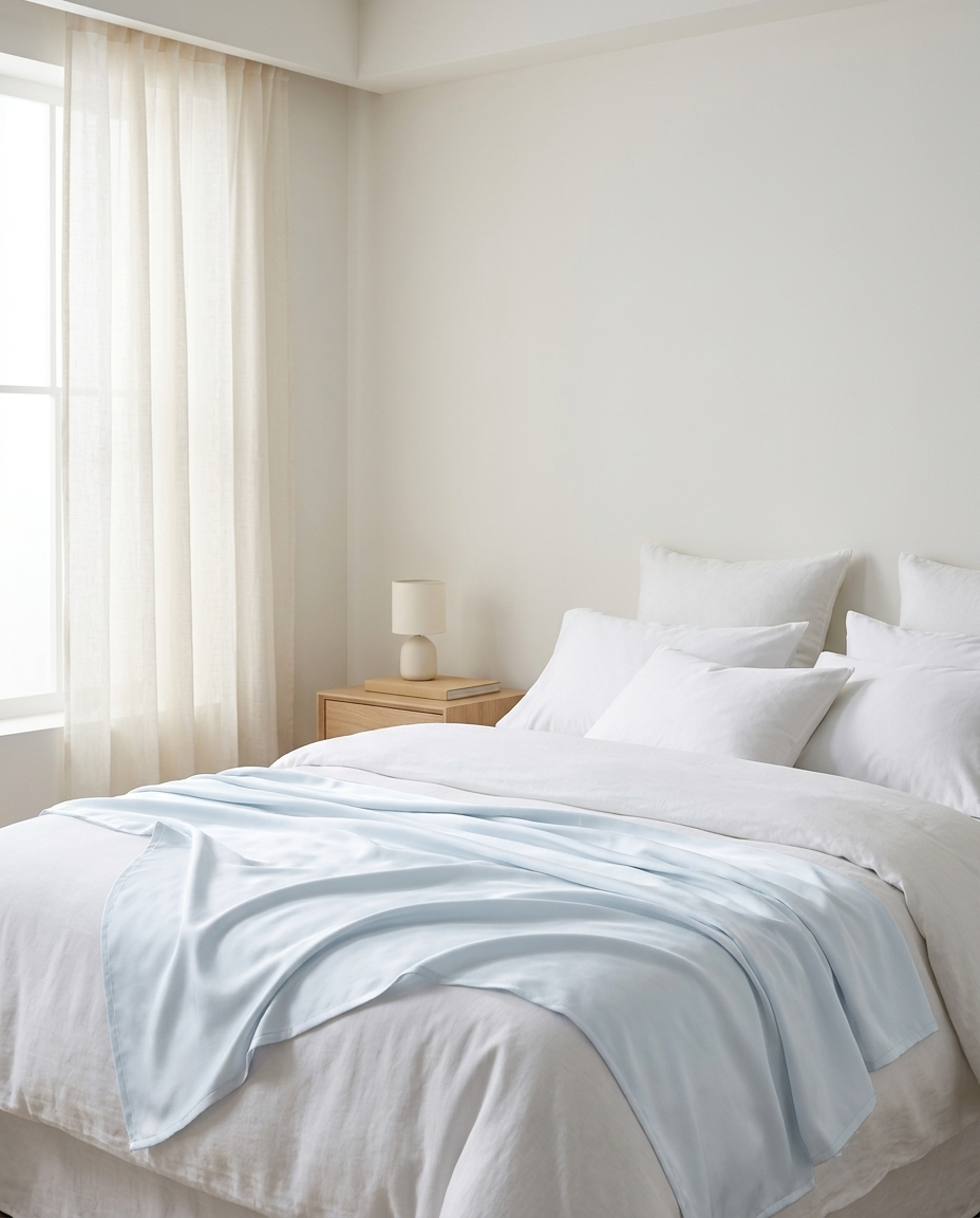 Serene bedroom with Covelle ice-silk cooling blanket, mobile hero