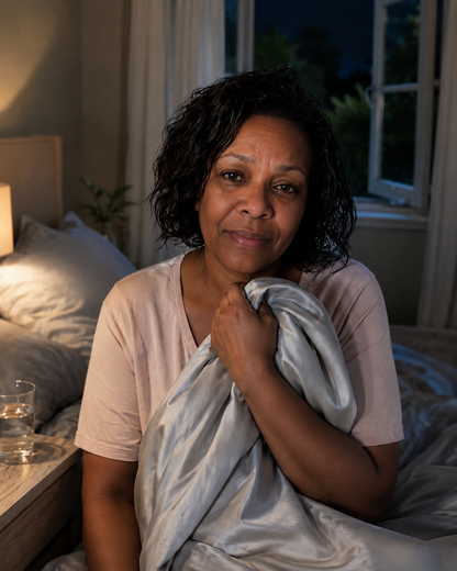 Woman holding the Covelle cooling blanket at night, relieved