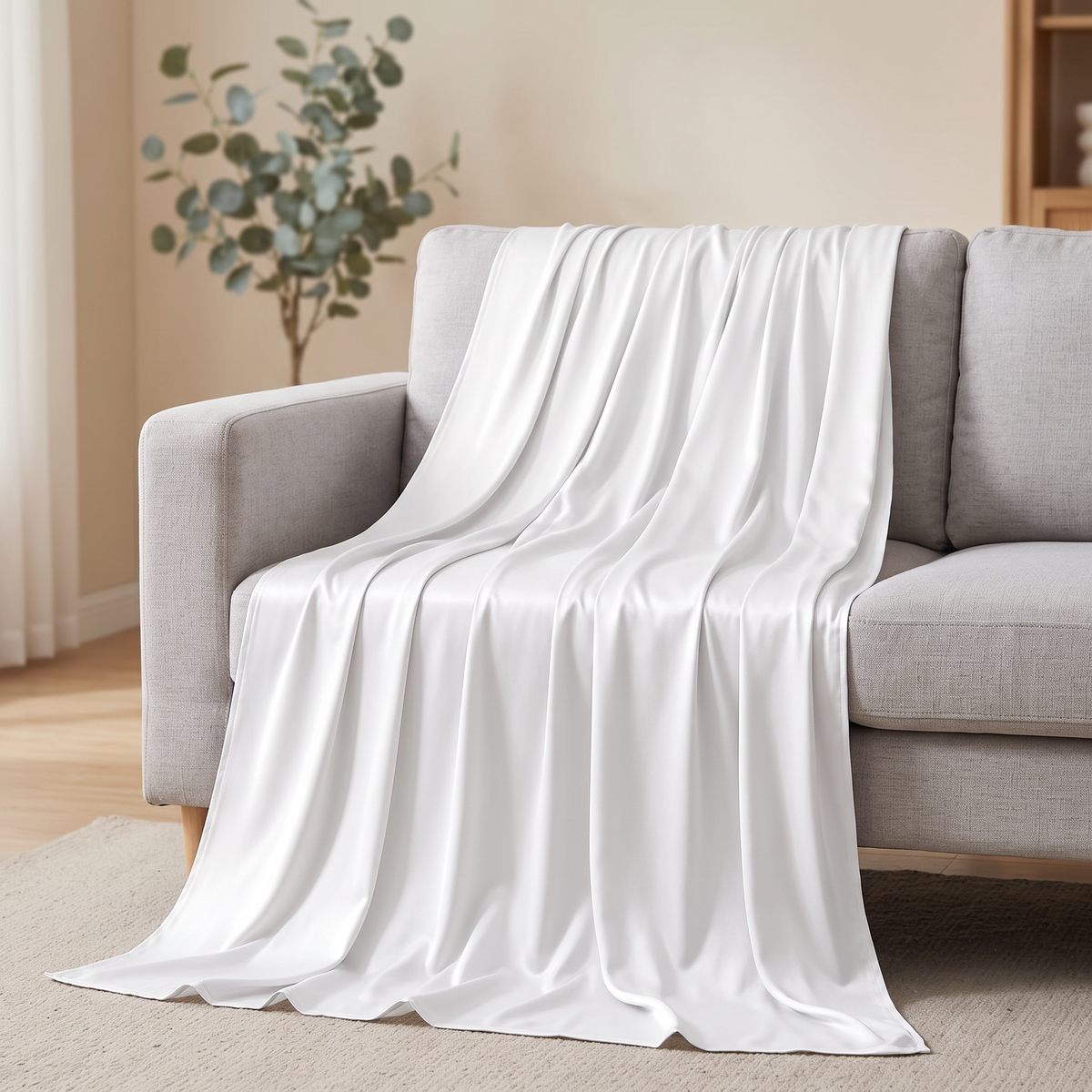 Covelle cooling blanket in white draped over a linen sofa