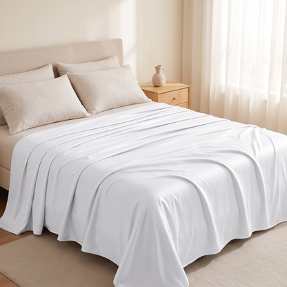 Covelle cooling blanket in white covering a queen-size bed