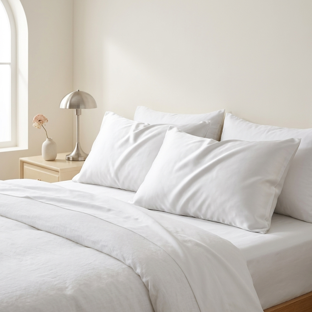 Covelle cooling pillowcases on a made bed in morning light