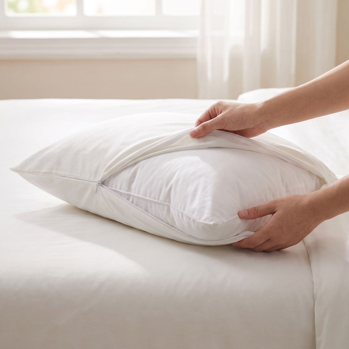 Pillow being zipped into a Covelle pillow protector