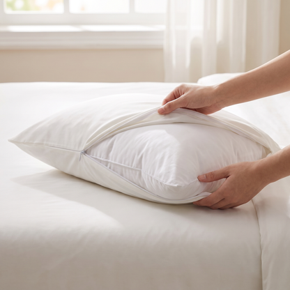 Pillow being zipped into a Covelle pillow protector