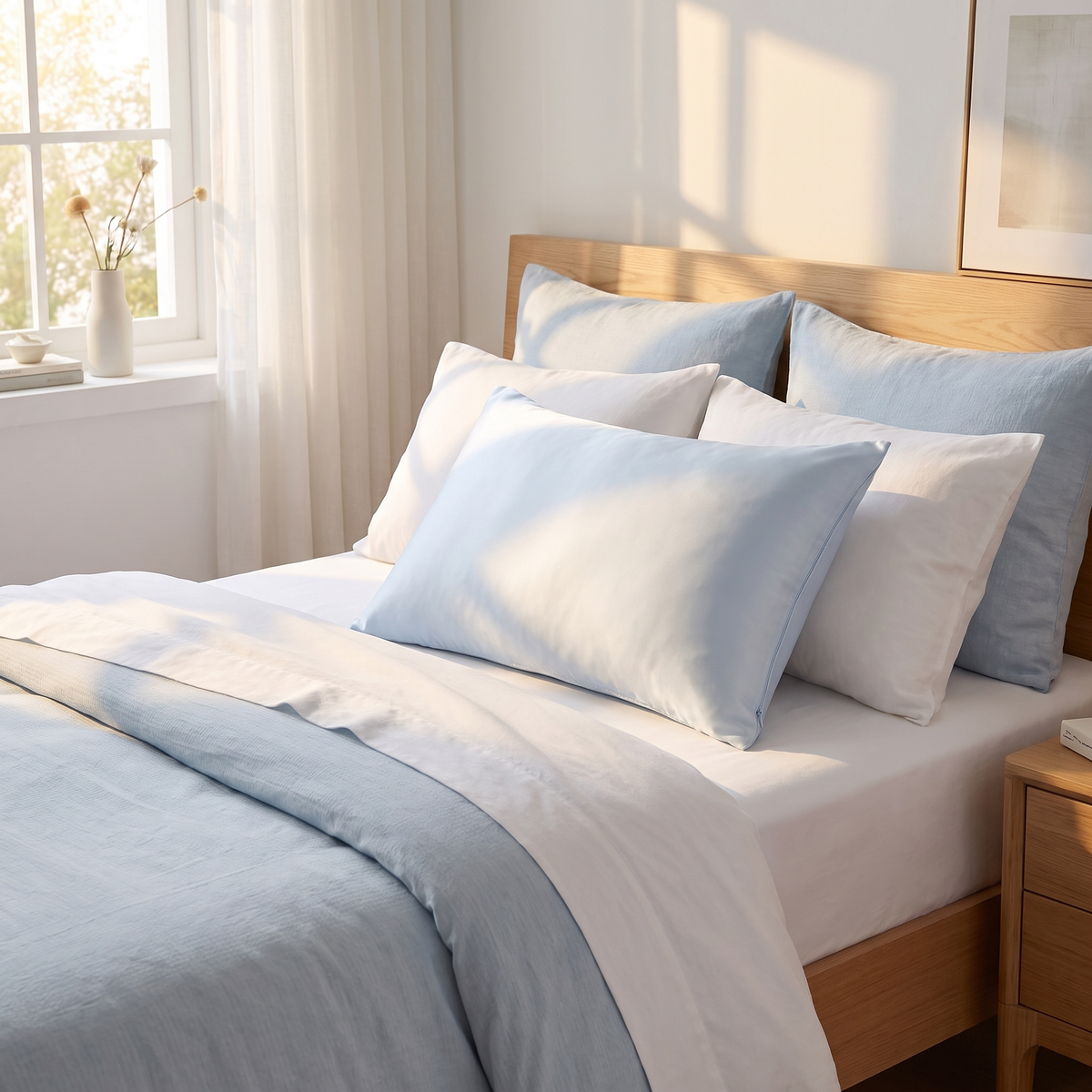Covelle Cooling Pillow on a made bed in morning light