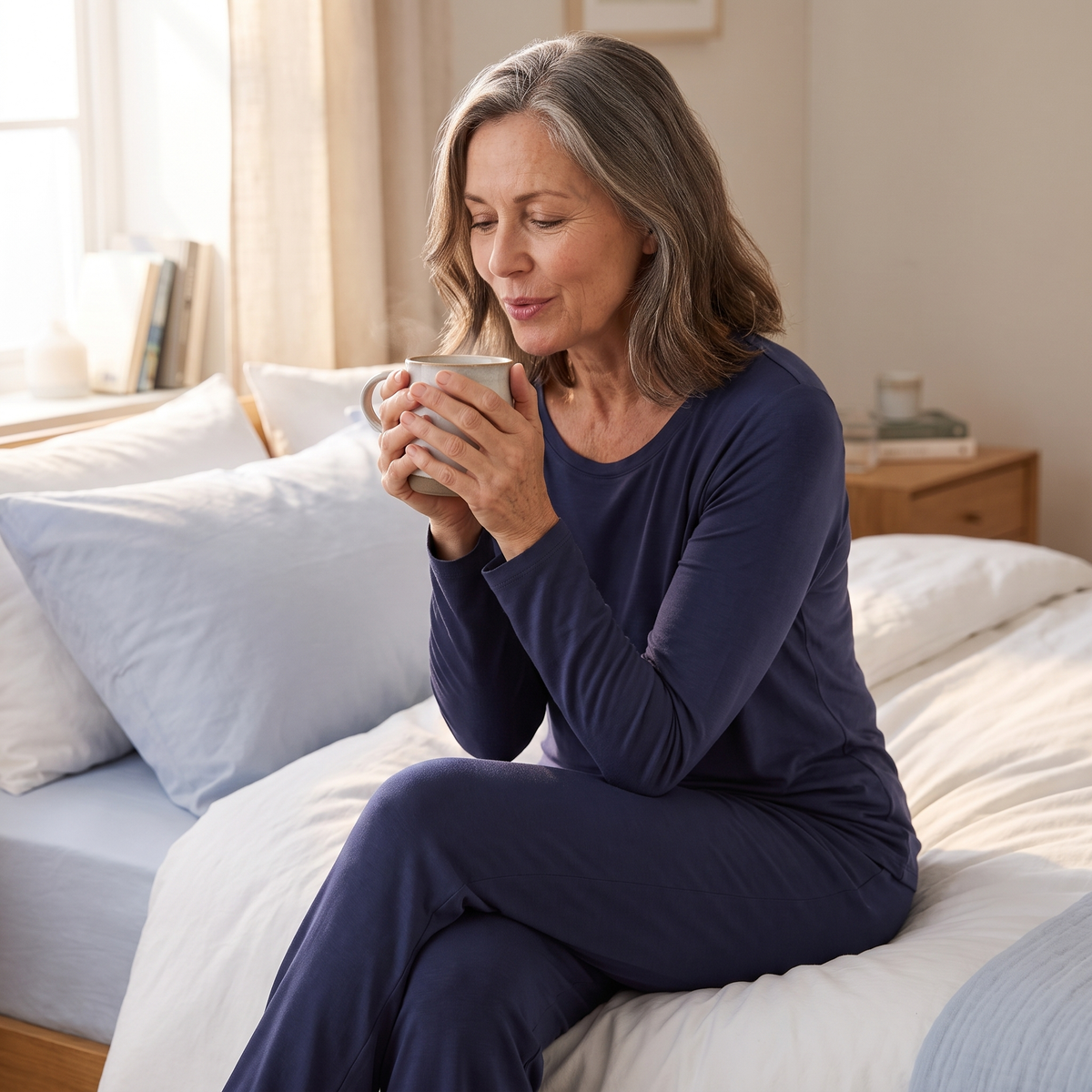 Woman in the Covelle long pajama set sitting on her bed with tea