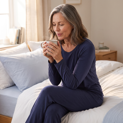 Woman in the Covelle long pajama set sitting on her bed with tea