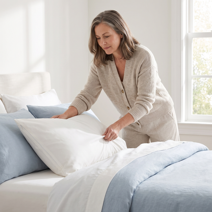 Woman making her bed with a Covelle pillow protector