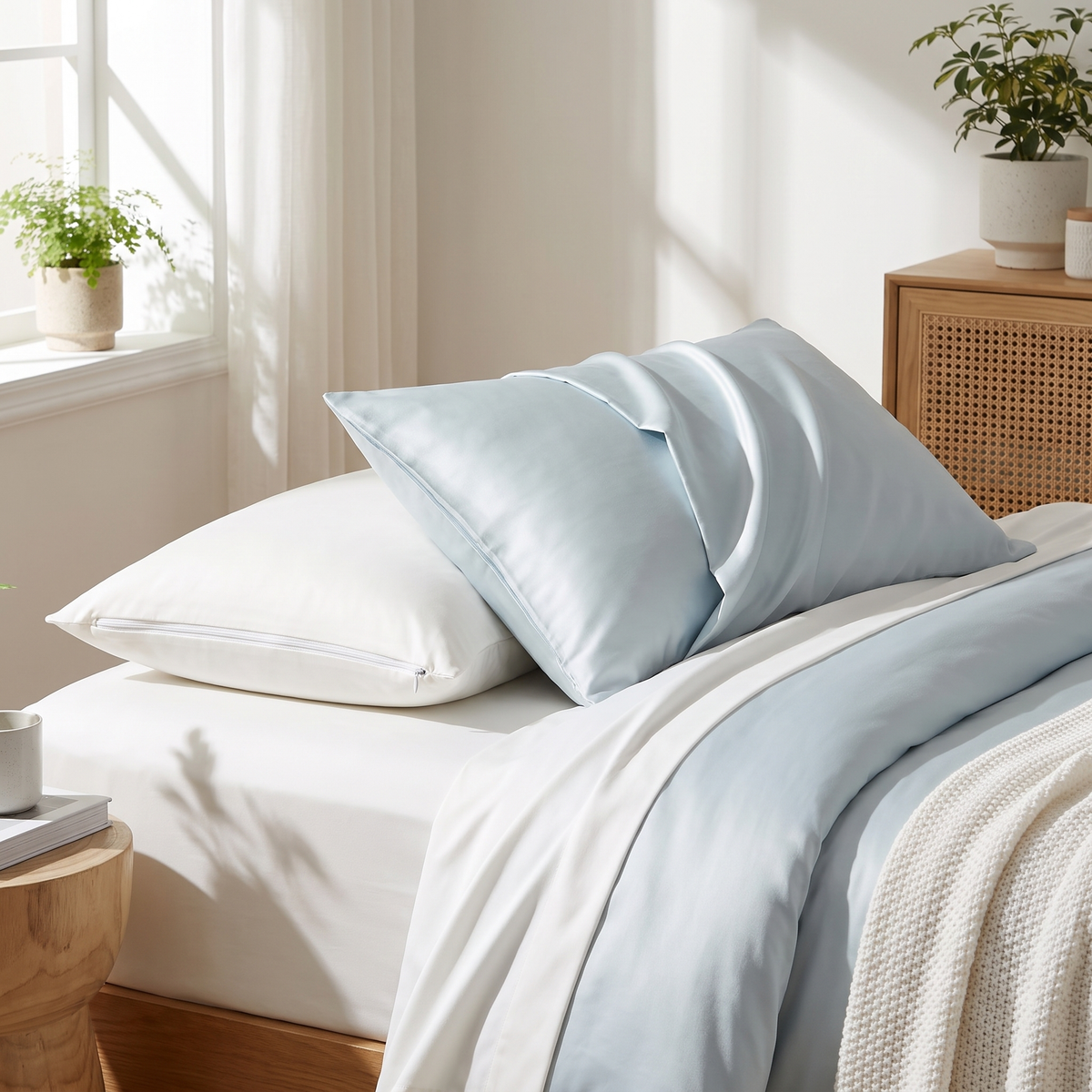 Pillows in Covelle protectors with a cooling pillowcase on a made bed