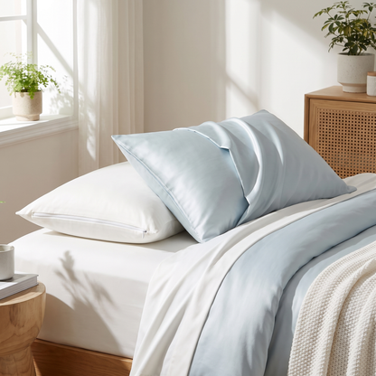 Pillows in Covelle protectors with a cooling pillowcase on a made bed