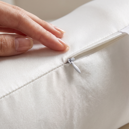 Close-up of the Covelle knee pillow ice-silk cover and zipper