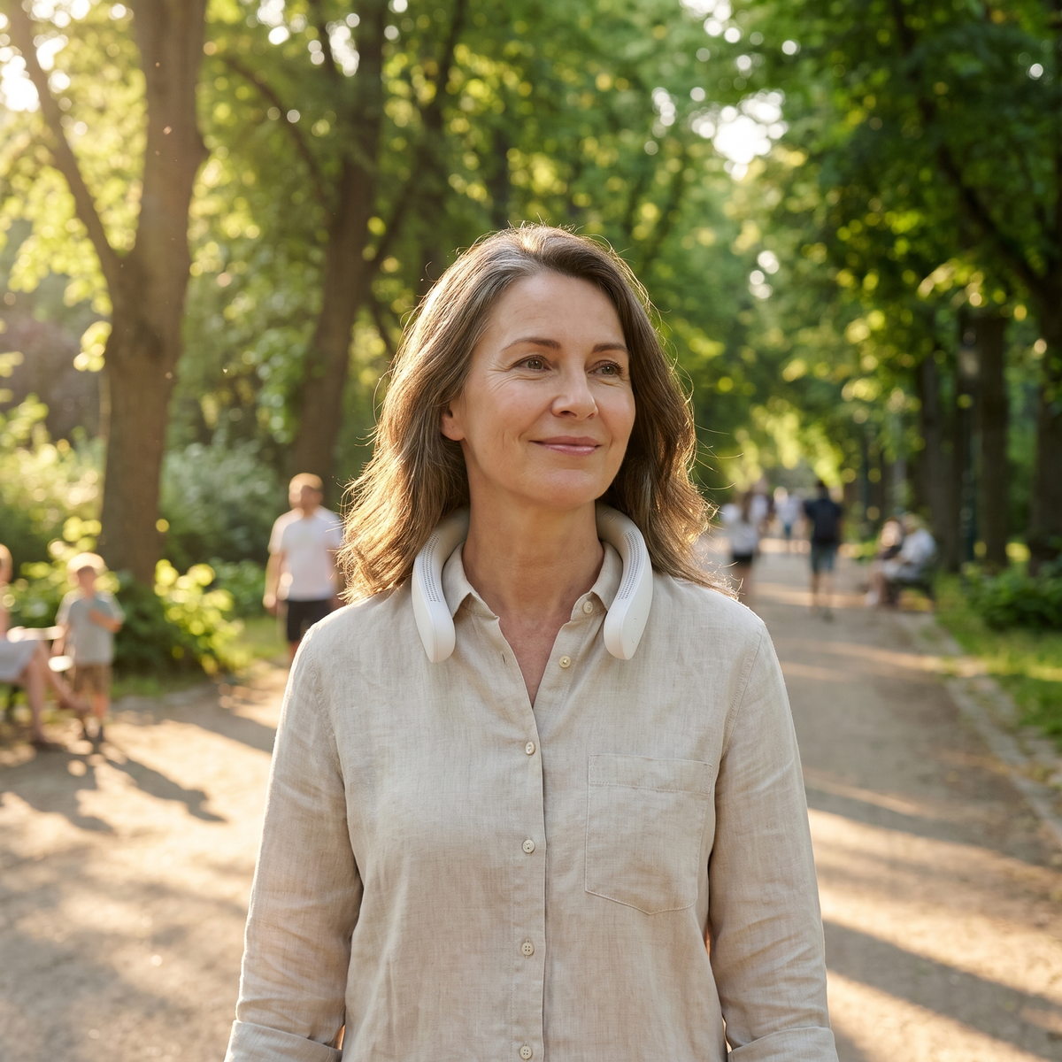 Woman on a summer walk wearing the Covelle neck fan