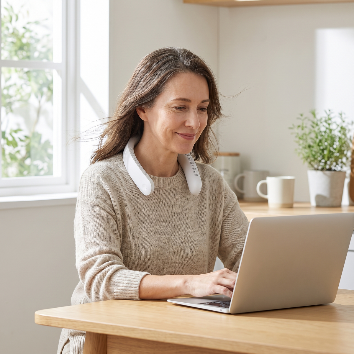 Woman working at her kitchen table wearing the Covelle neck fan