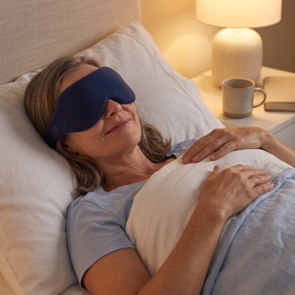 Woman relaxing in bed wearing the Covelle Warming Eye Mask