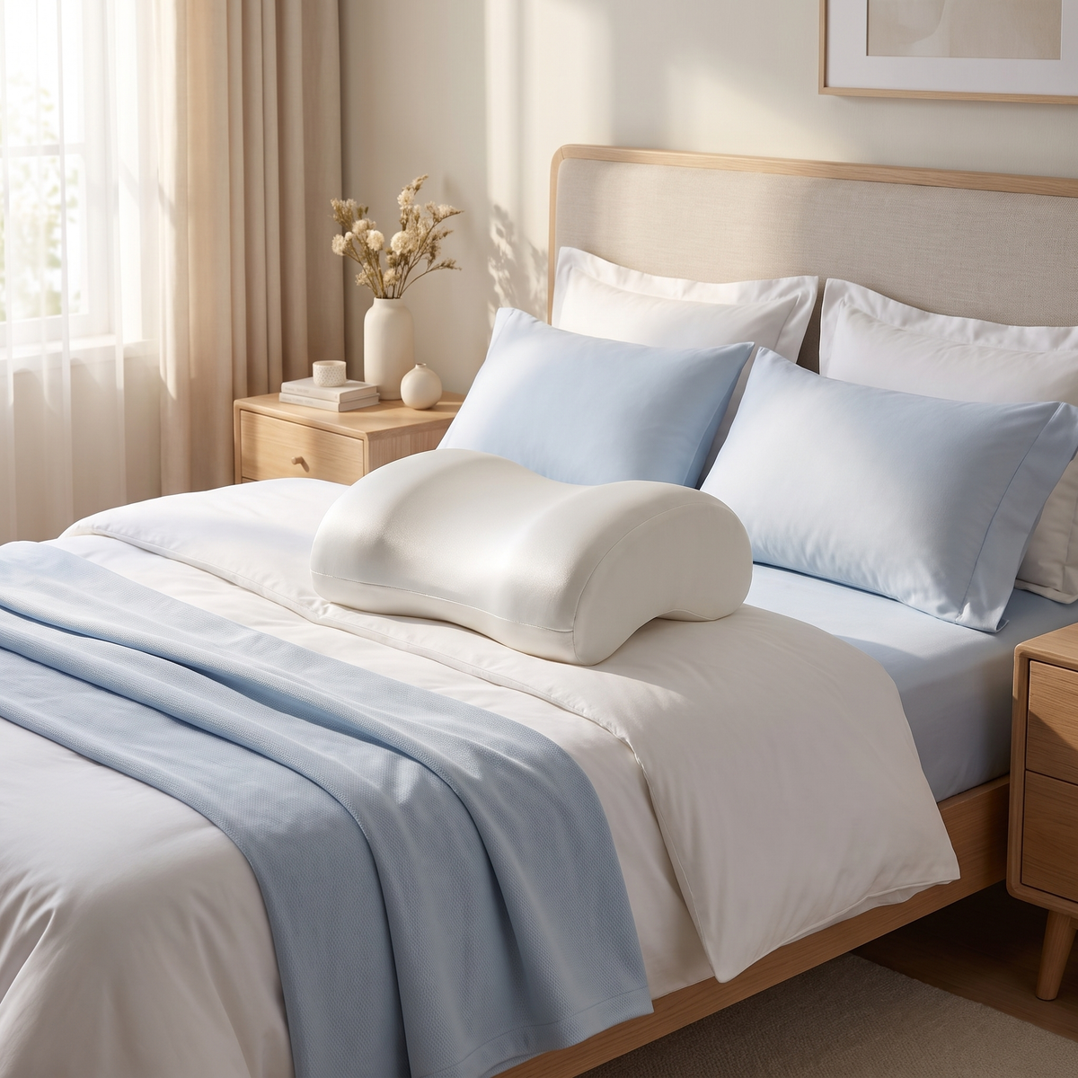 Covelle knee pillow on a made bed with cooling bedding