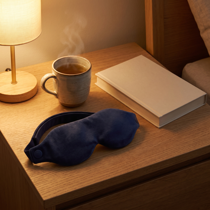 Covelle Warming Eye Mask on a bedside table with tea and a book